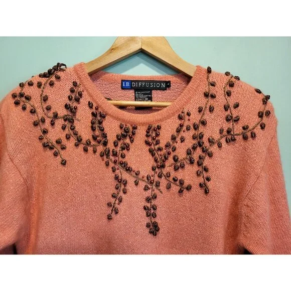 Vtg IB Diffusion Silk Angora Wool Pink Brown Embroidered Beaded Tunic Sweater S - Picture 2 of 7